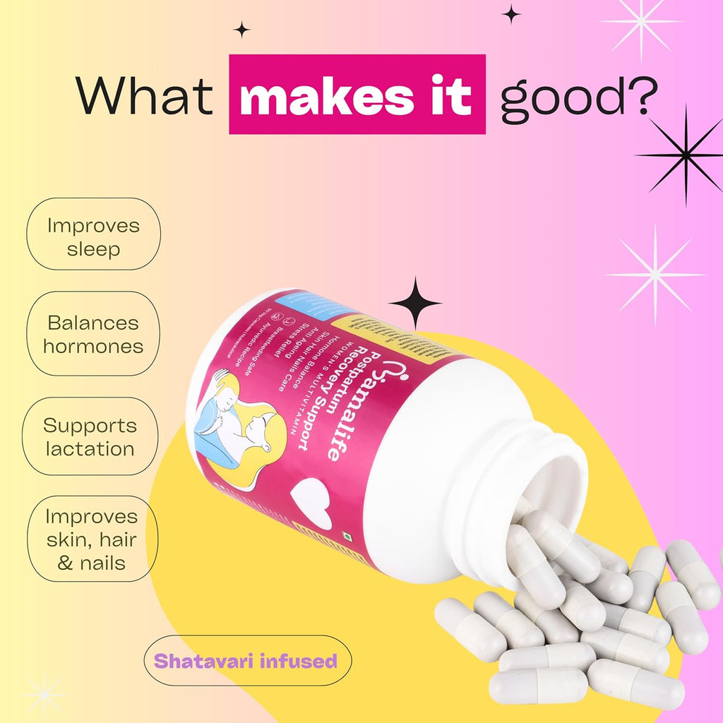 Mamalife Lacta Heal Postpartum Recovery Multivitamin for Women | Ayurvedic Post Pregnancy Support | Hormonal Balance, Hair, Skin & Nail Health | Breastfeeding Support | 60 Capsules