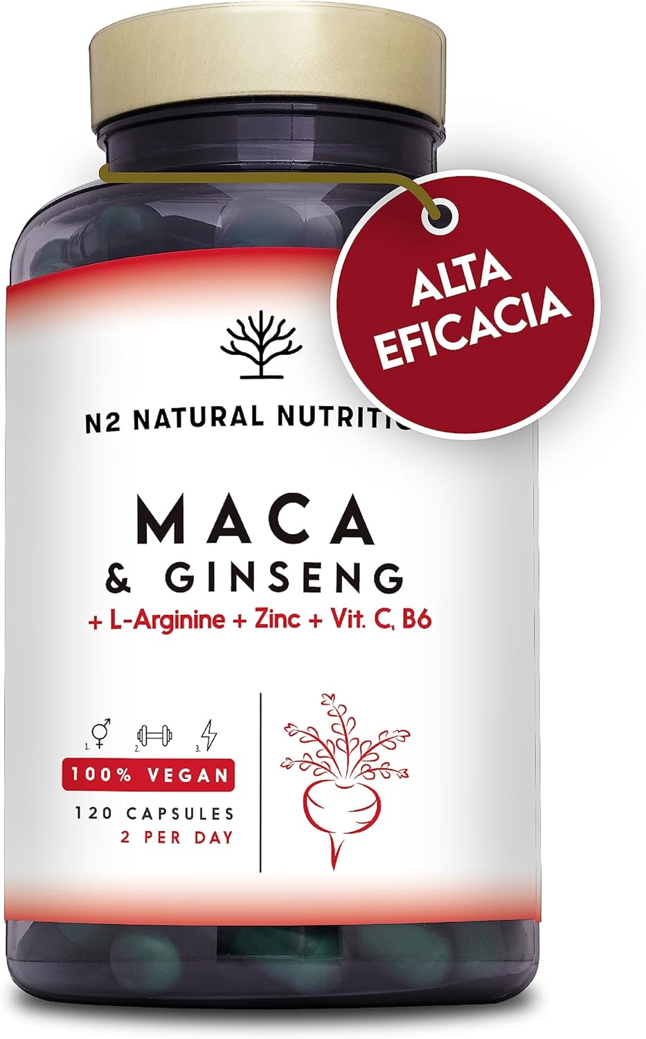Andean Maca + Gingseng + L Arginine. Triple Energy. Zinc, Vitamin C and B. Sports Performance. Reduces Tiredness and Fatigue. Antioxidant. 120 Capsules, 60 Days. CE. Vegan. N2 Natural Nutrition