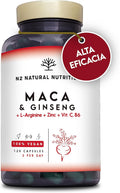 Andean Maca + Gingseng + L Arginine. Triple Energy. Zinc, Vitamin C and B. Sports Performance. Reduces Tiredness and Fatigue. Antioxidant. 120 Capsules, 60 Days. CE. Vegan. N2 Natural Nutrition