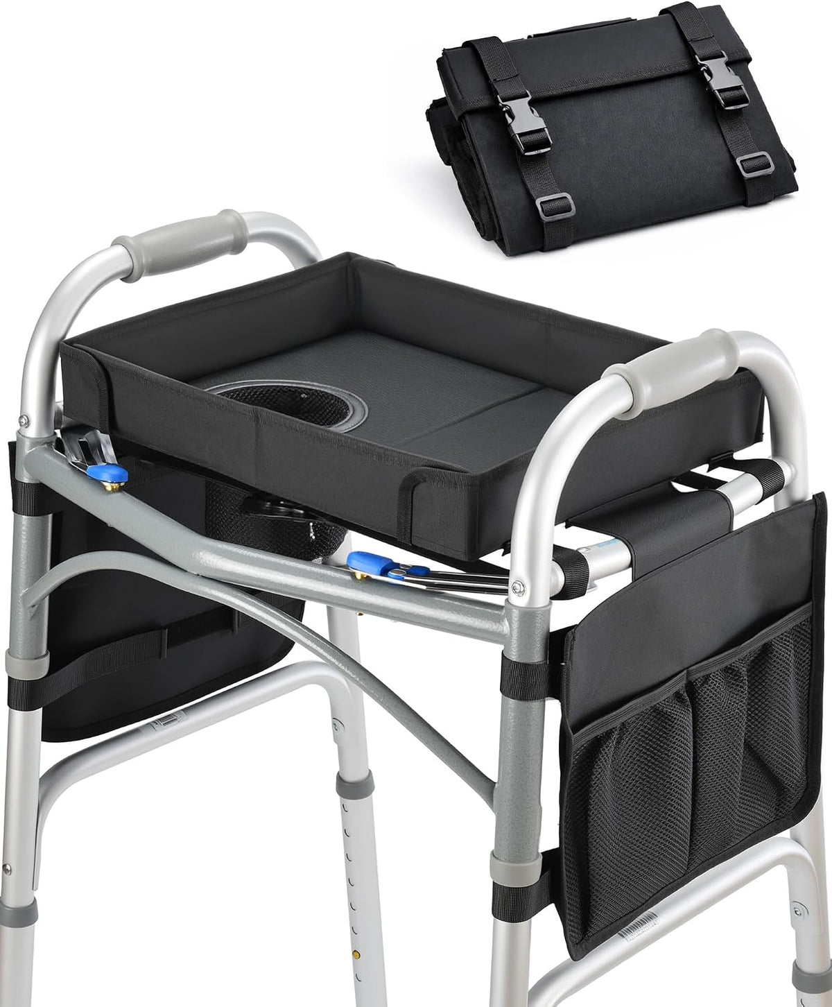 Walker Tray for Folding Walker, Side Pockets & Cup Holder | Fits 17–19" Folding Walkers with Side Bars, Easy Install, Adjustable Straps, Spill-Resistant Surface, Lightweight for Seniors