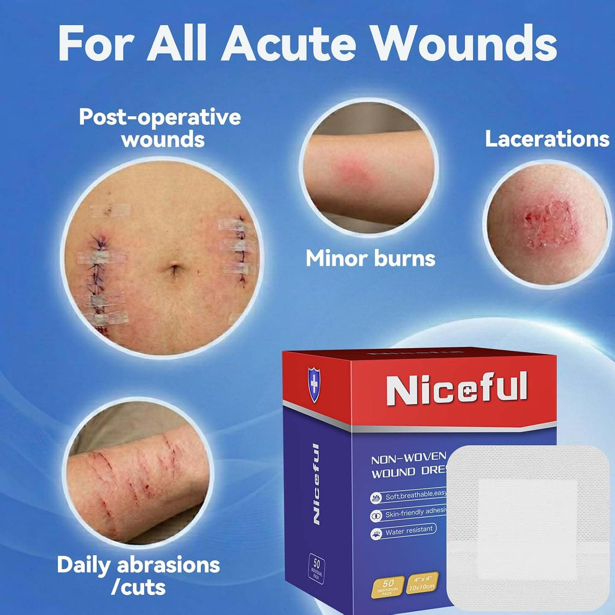Niceful Island Dressing 4" x 4" Bandages for Wounds, 50 Count