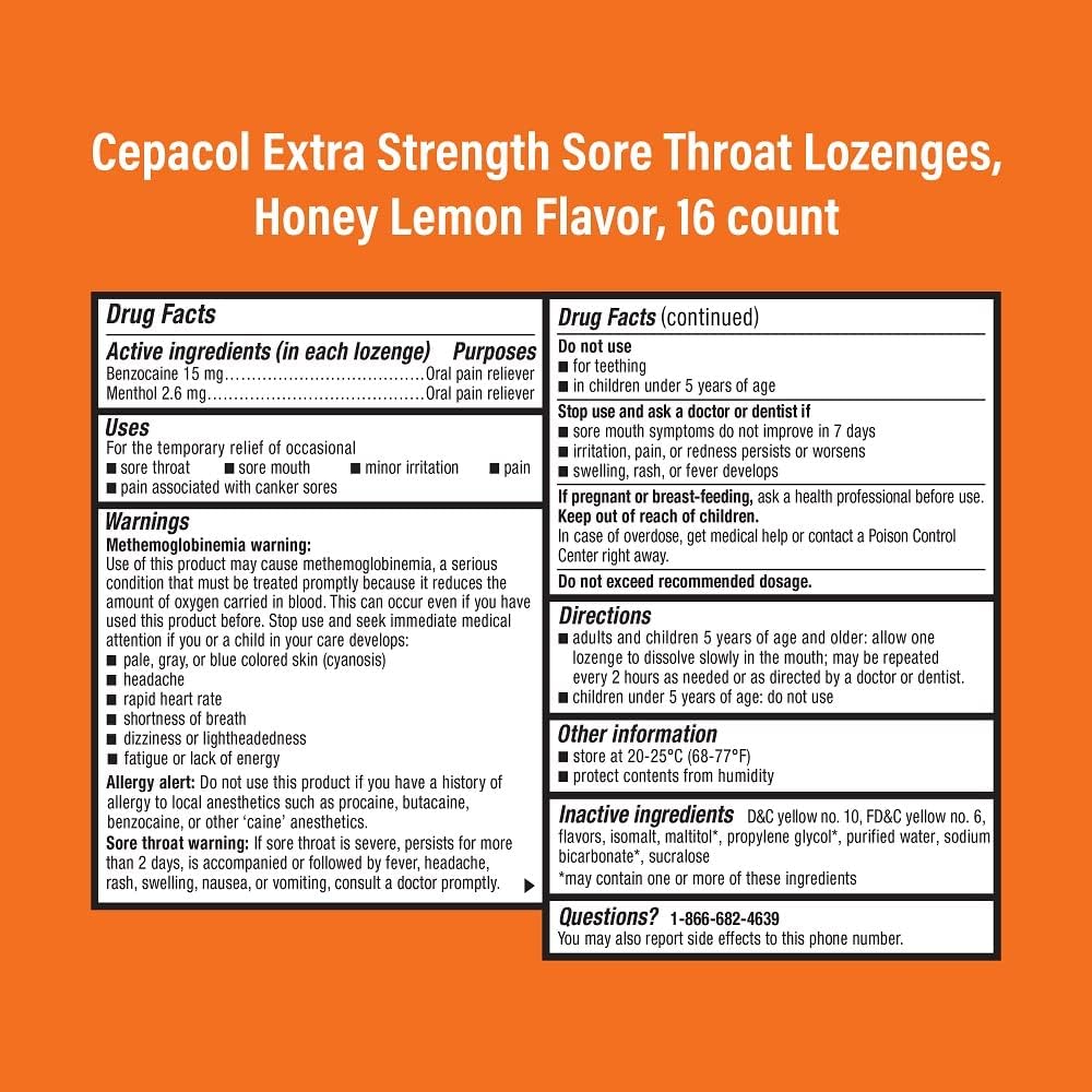 Cepacol Extra Strength Sore Throat Relief Lozenges, Honey Lemon Cough Drops, Maximum Numbing- Fast Acting Sore Throat, Mouth & Canker Sore Pain Relief with Benzocaine & Menthol, 16 Count