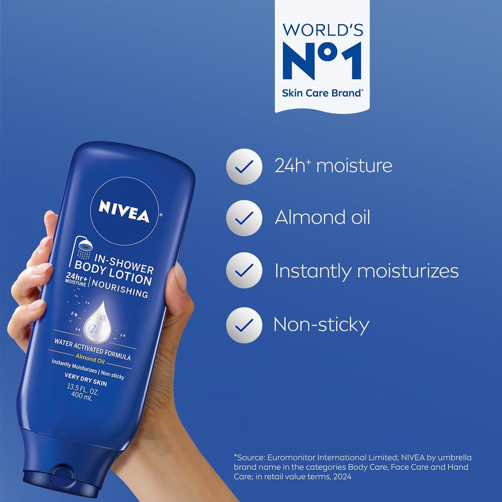 NIVEA Nourishing In Shower Lotion, 24-Hour Body Moisturizer, 13.5 FL OZ | Water Activated In Shower Moisturizer with Almond Oil for Dry to Very Dry Skin, Non Sticky
