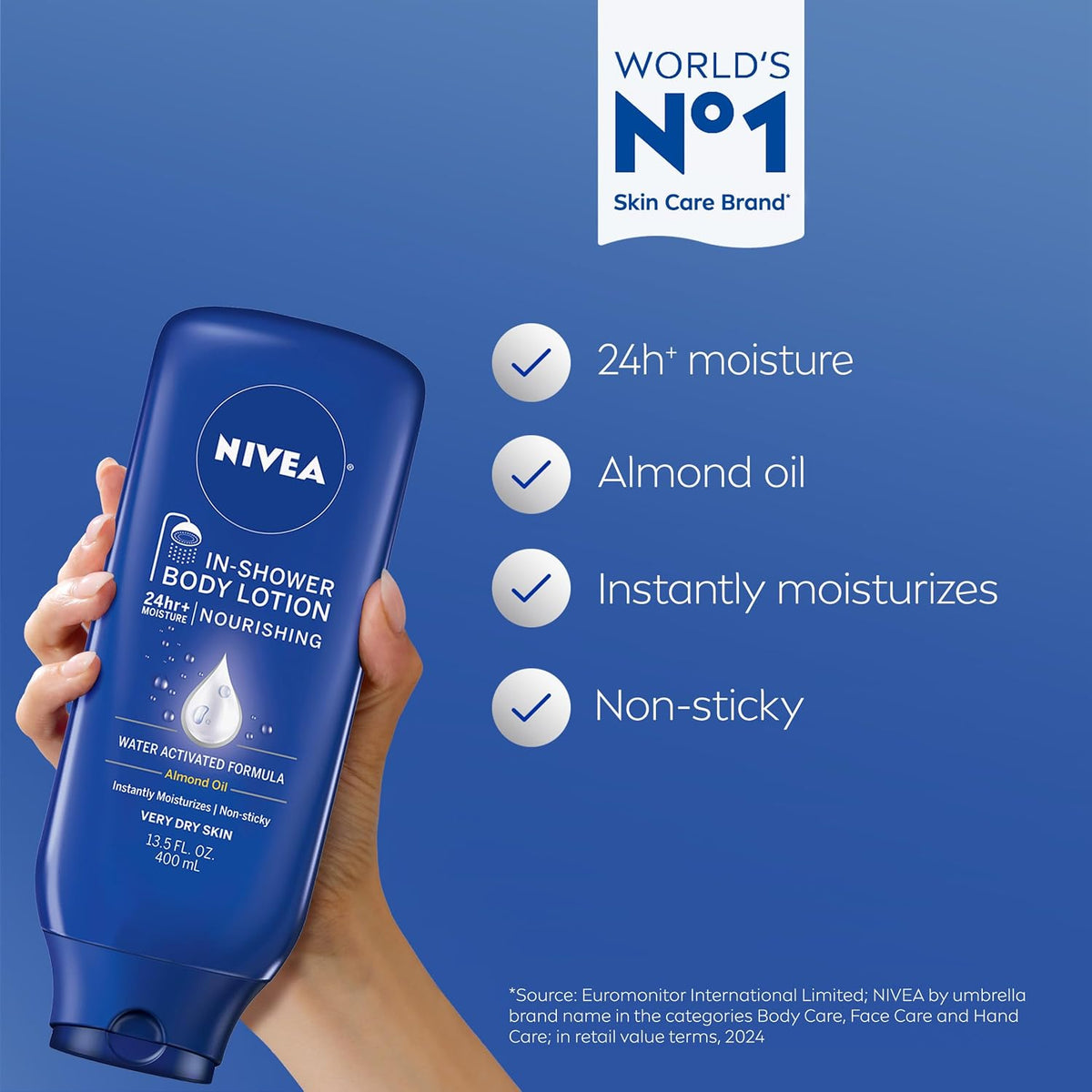 NIVEA Nourishing In Shower Lotion, 24-Hour Body Moisturizer, 13.5 FL OZ | Water Activated In Shower Moisturizer with Almond Oil for Dry to Very Dry Skin, Non Sticky