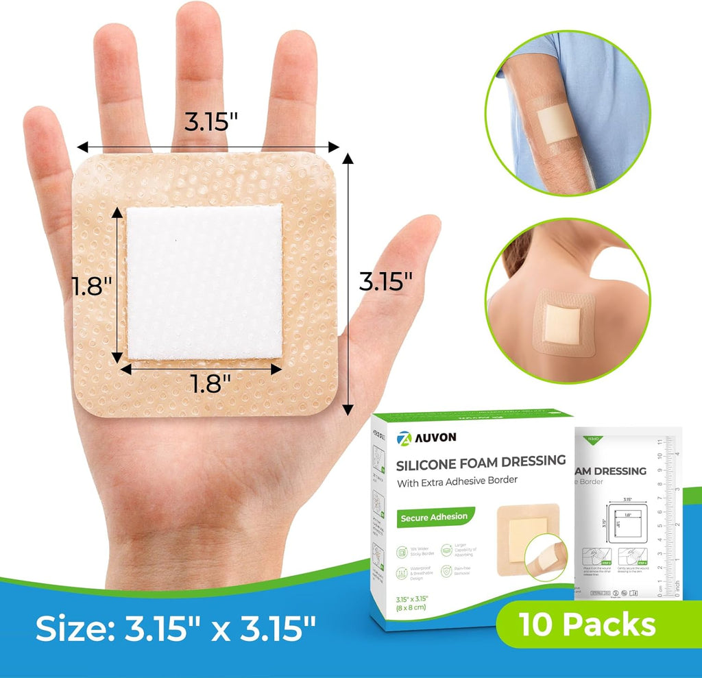 AUVON Silicone Foam Dressing with Large Adhesive Border, 3" x 3" 10 Packs Wound Dressing Bandage with High Absorbency, Waterproof Silicone Foam Pads for Wound Care & Protection Plus Cushioning