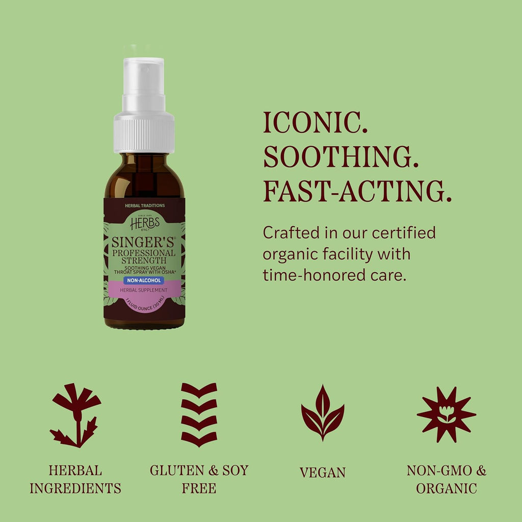 Herbs Etc. Singer's Saving Grace Professional Strength Spray - Plant-Based Soothing Throat Spray for Voice Care - Comfort Irritated Tissues - Vocal Cord Support - Non-Alcohol - 1 fl oz (75 Servings)