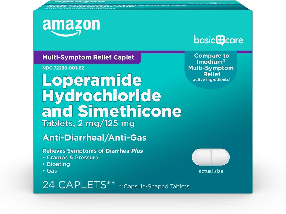 Amazon Basic Care Loperamide Hydrochloride 2 mg and Simethicone 125 mg Tablets, Multi-Symptom Relief, Anti-Diarrheal, Bloating and Cramps, Gas Relief, 24 Count