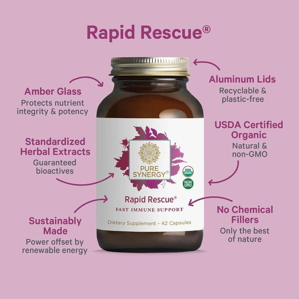 PURE SYNERGY Rapid Rescue | Organic Immune Support Capsules | Herbal Supplement with Echinacea, Elderberry, and Olive Leaf Extracts | for Immediate Immune Support (42 Capsules)