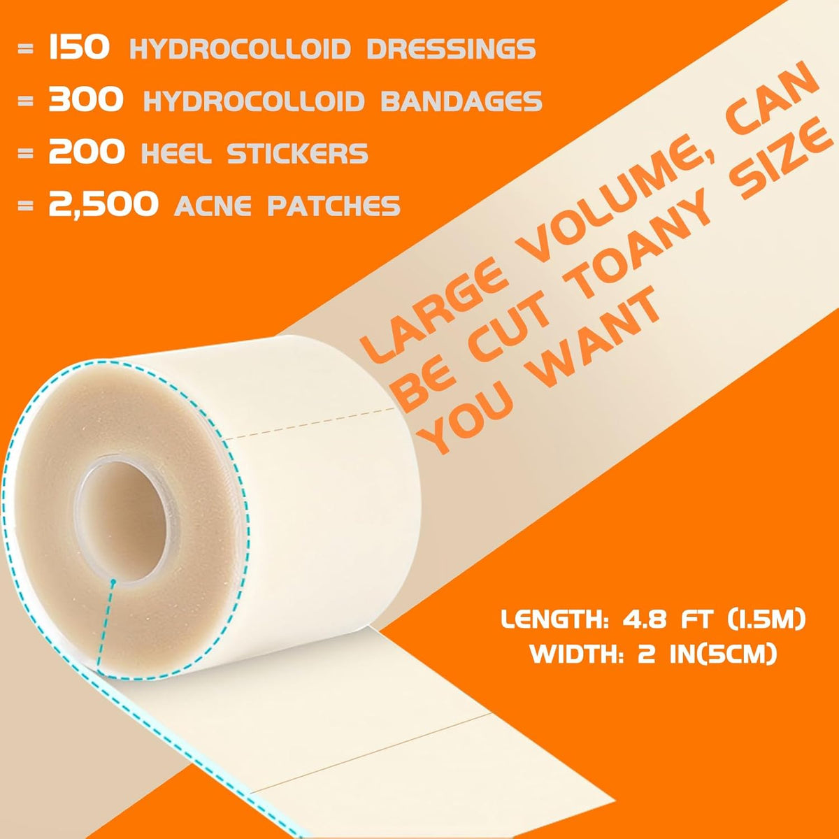 Hydrocolloid Roll for Wound Care, 2in x 4.8ft Self-Adhesive Hydrocolloid Bandages, Cut-to-Size, Waterproof & Ultra Absorbent, for Burns, Acne, Blisters, Cuts, and Post-Surgical Care
