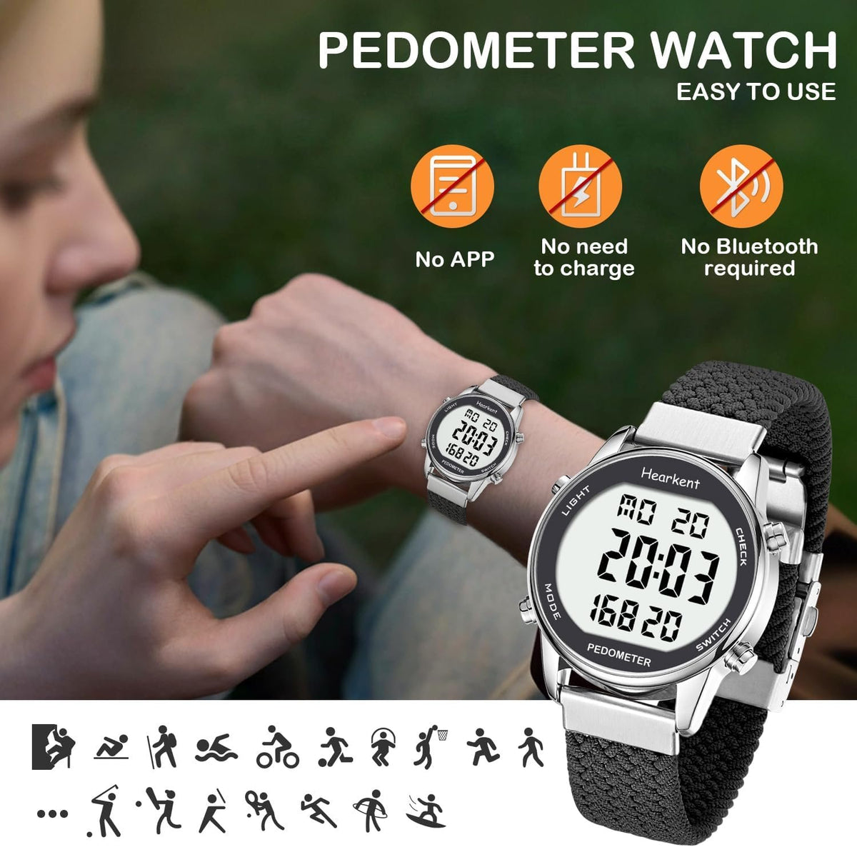 Hearkent Pedometer Watch,Step,Mileage&Calorie Tracker,Large Numbers | Waterproof Fitness Watches Backlight/Countdown/Stopwatch,No Bluetooth,app,or Charging,Step Counter for Walking,Running