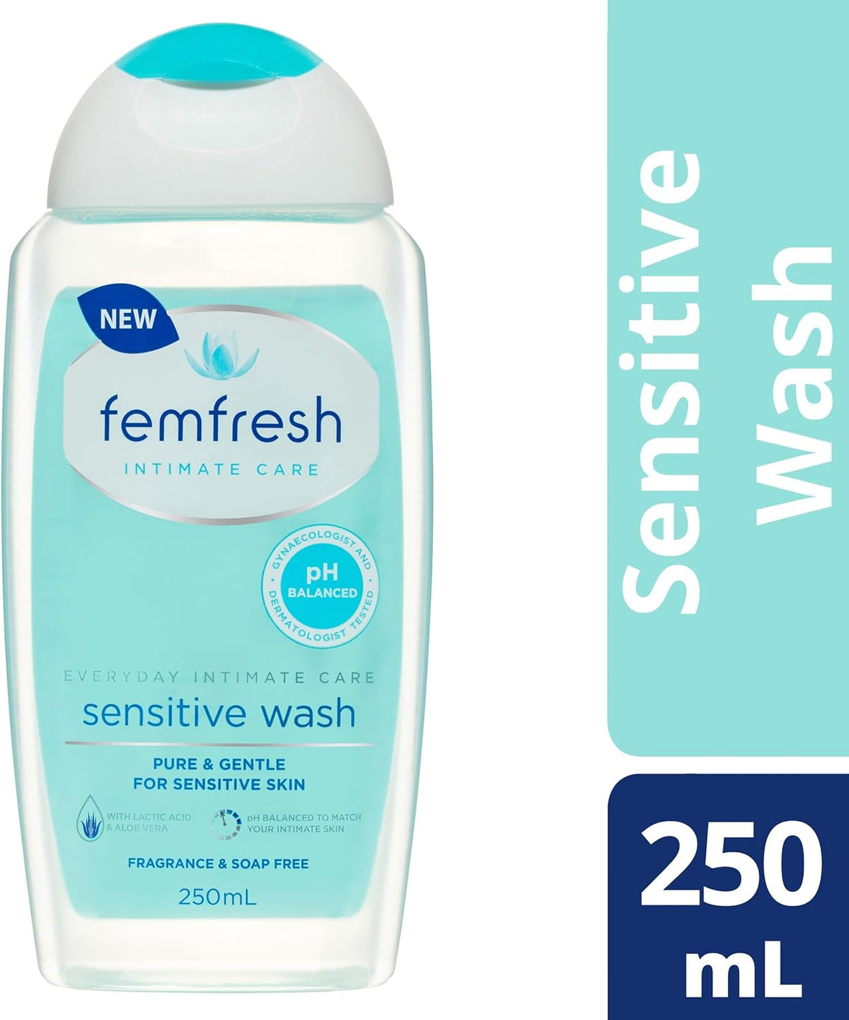 Femfresh Sensitive Intimate Wash 250ml - Fragrance & Colour-Free, With Lotus Flower & Bamboo Extracts, pH & Microbiome Balanced, 94% Natural Origin Ingredients, Soap-Free Gentle Feminine Cleanser