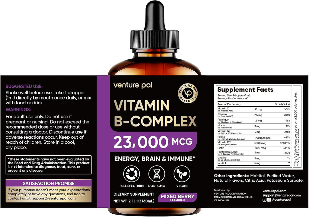 Vitamin B Complex 23000mcg - Methyl B12| B9 Folic|B7 Biotin,B1,B2,B3,B5,B6, | Vitamin B Complex Liquid Drops for Men & Women with Vitamin C, Choline & Inositol for Energy, Immune & Brain Support - 2Oz