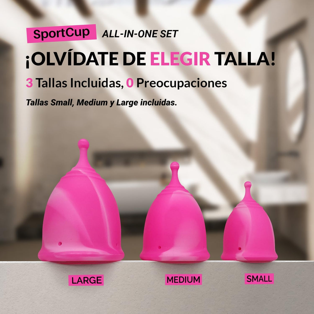 Menstrual Cup SPORT CUP ALL-IN-ONE SET by BOLTEX MEDICAL. Designed for Active Women. Includes Sterilizer Cup, 3 SPORT Cup Menstrual Cups: Size S, Size M, Size L and Storage Bag