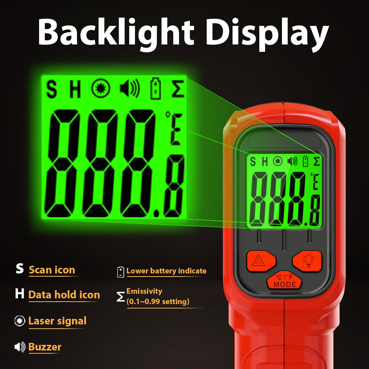FKM Infrared Thermometer Gun Non-Contact Laser Thermometer Gun -58°F~986°F | (-50°C~530°C) Digital Temperature Gun for Cooking,Oven,Griddle,Automotive,HVAC,Industrial,Adjustable Emissivity,Not for Human