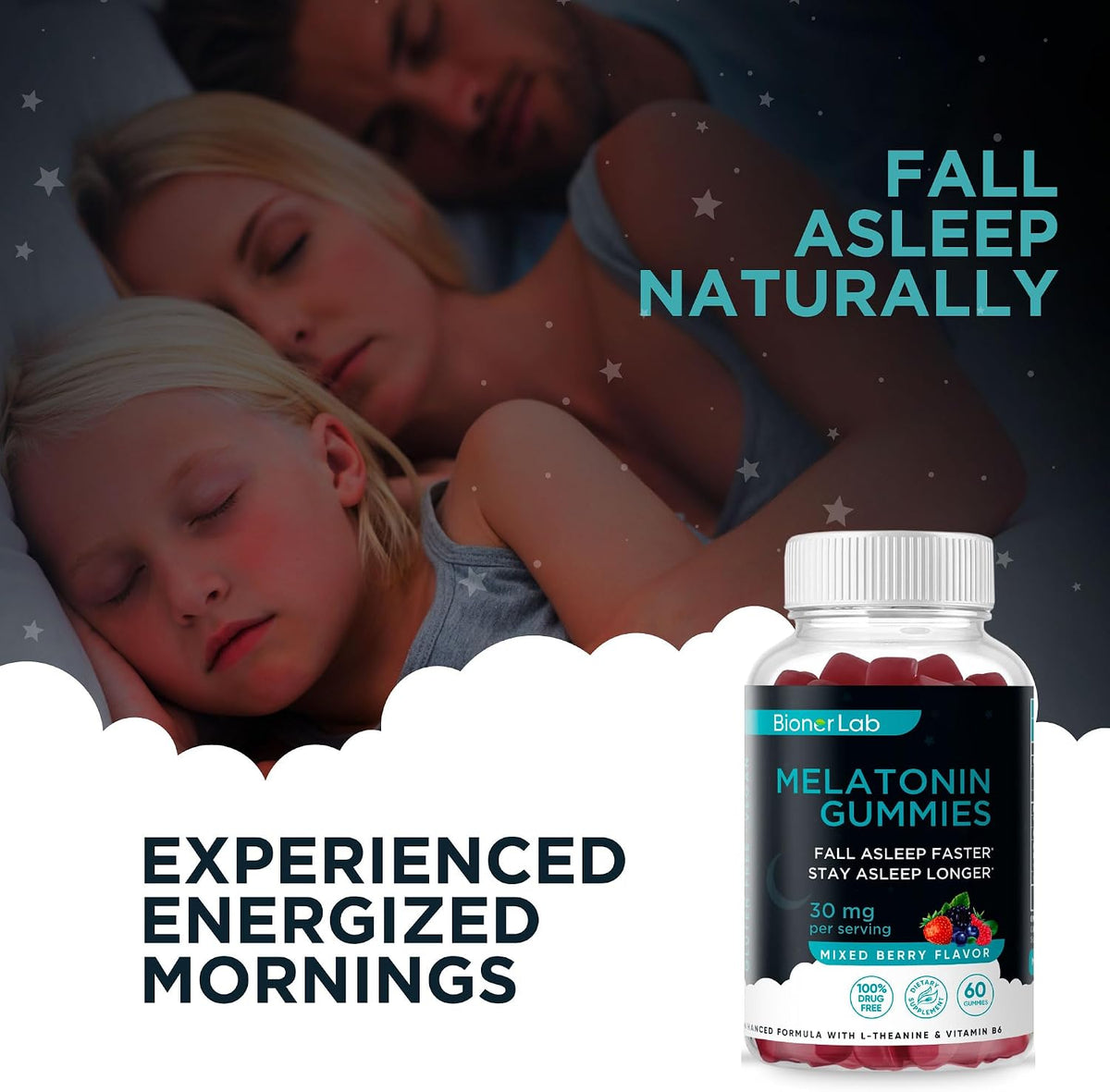 BionerLab Melatonin Gummies (30mg) Enhanced with L-theanine & Vitamin B6 for Adult Women Men - Extra Strength Chewables Calm Gummy - Gluten Free