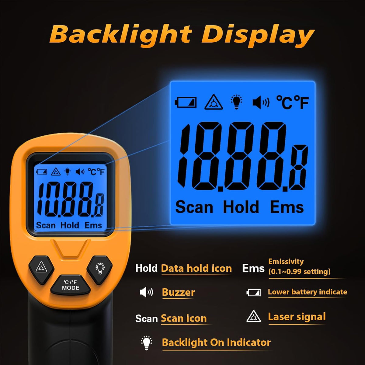 FKM Infrared Thermometer Gun Non-Contact Laser Temperature Gun-58°F~1112°F | Adjustable Emissivity,Digital IR Thermometer Gun for Industrial,HVAC,Automotive,Cooking,Griddle,Pizza Oven,BBQ,Not for Human