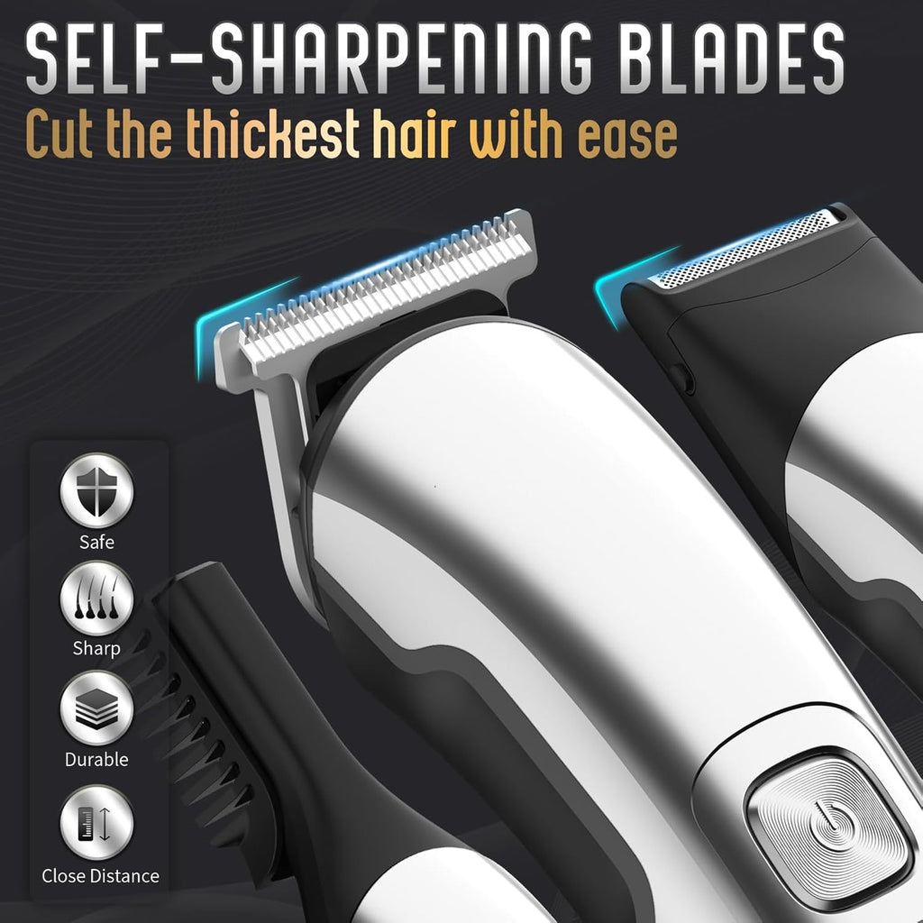 Ufree Beard Trimmer for Men, Waterproof Electric Razor, Grooming Kit | Stainless steel blades, six interchangeable heads, wet and dry use, USB rechargeable, for face body nose ear trimming, silver