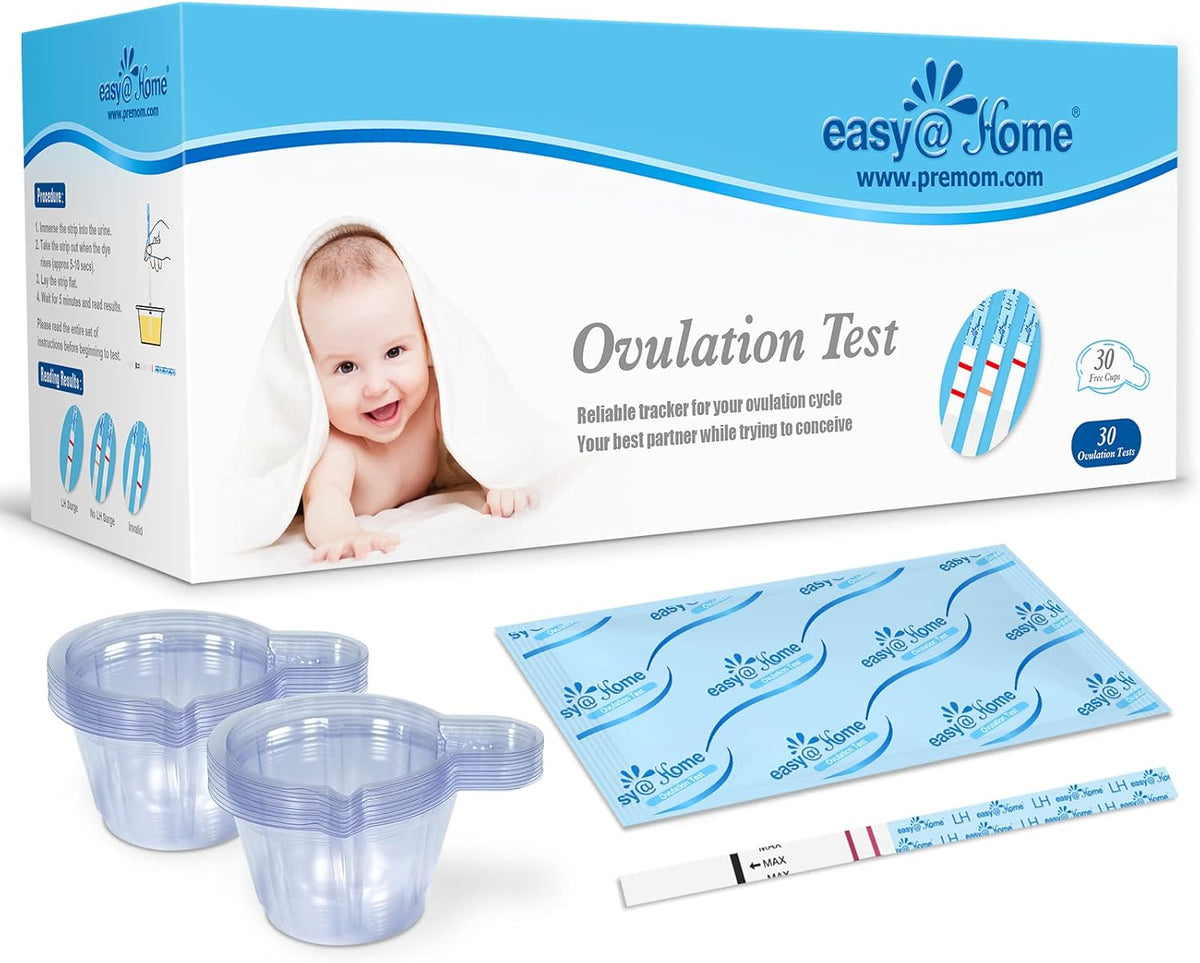 Easy@Home Ovulation Test Strips: Accurate 30 LH Ovulation Predictor Kit - Fertility Tests for Women – Powered by Premom Ovulation Tracker App | 30 LH + 30 Urine Cups