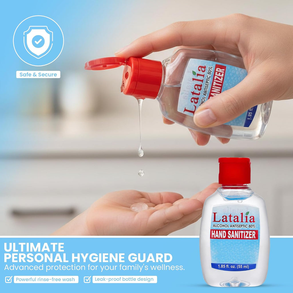 Latalia Mini Hand Sanitizer Travel Size - 80% Alcohol Fragrance Free Gel | 55ml Small Hand Sanitizer Pack of 96 Infused with Hydrating Glycerin & Hydrogen Peroxide - Rinse-Free, Non-Sticky