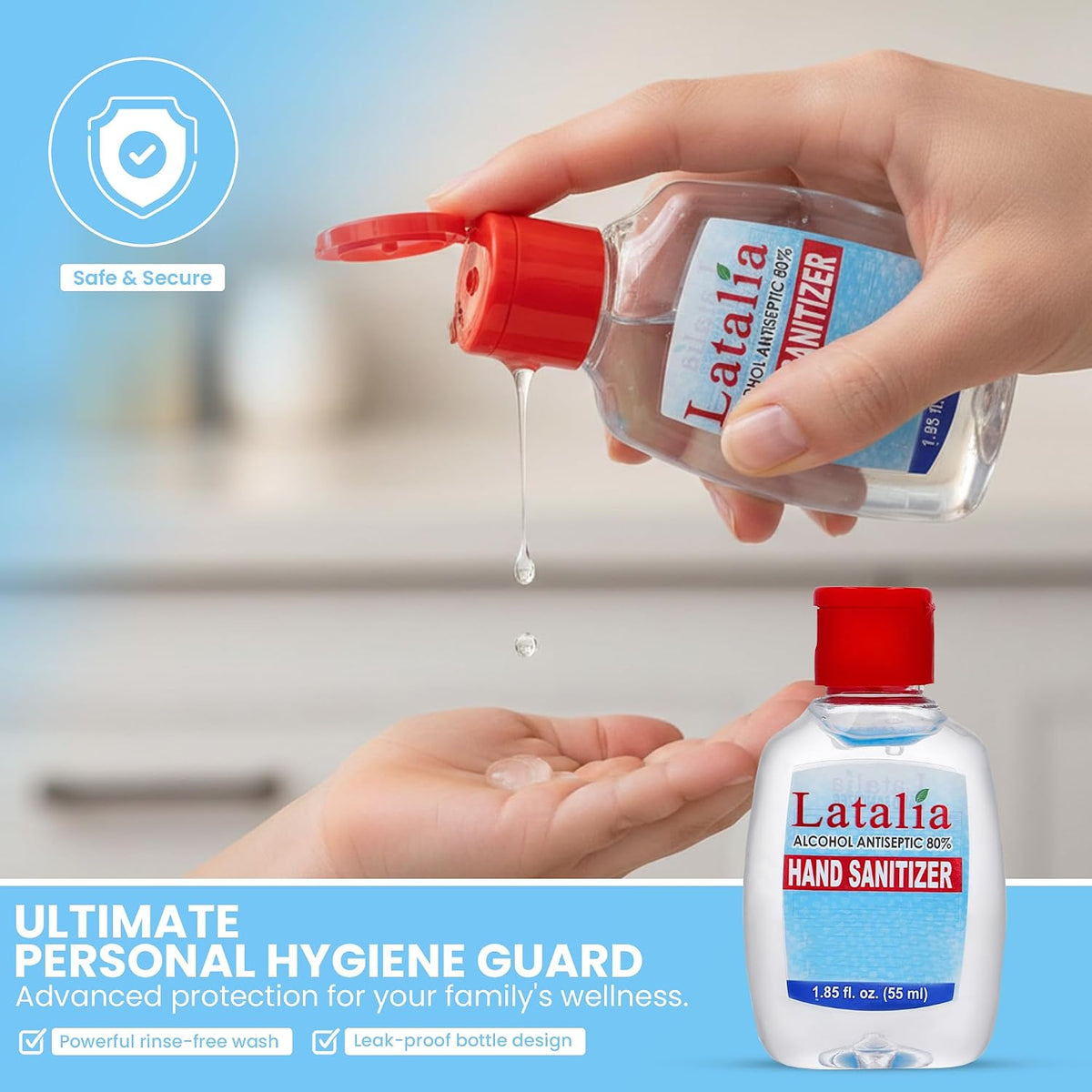 Latalia Mini Hand Sanitizer Travel Size - 80% Alcohol Fragrance Free Gel | 55ml Small Hand Sanitizer Pack of 96 Infused with Hydrating Glycerin & Hydrogen Peroxide - Rinse-Free, Non-Sticky