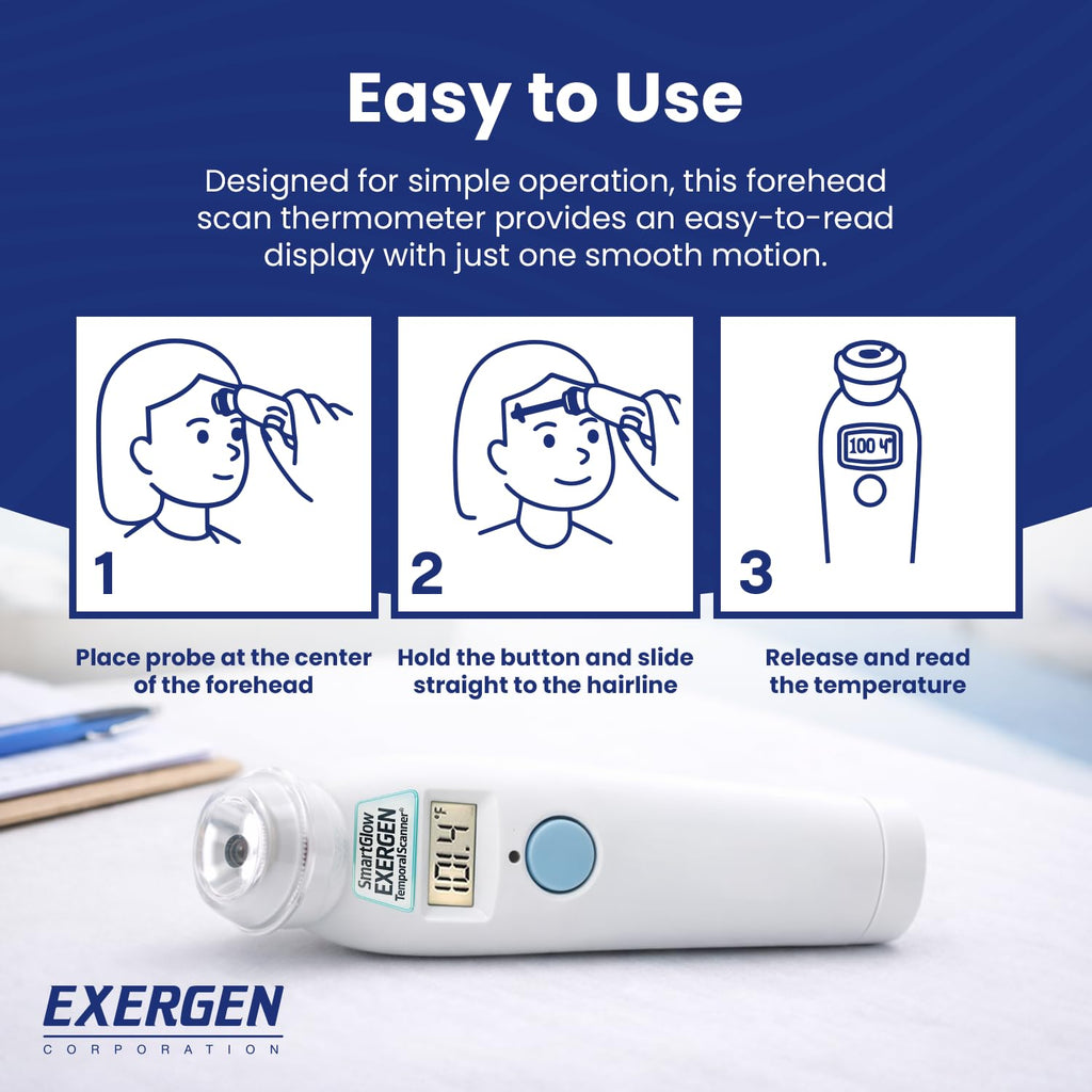 Exergen TAT-2000C Temporal Artery Forehead Thermometer for Baby Kids Adults | Displays Temperature Reading, Soft Glow, Silent Mode, Wipe Clean Sensor, 8 Reading Memory, 9V Battery Included for Family Use
