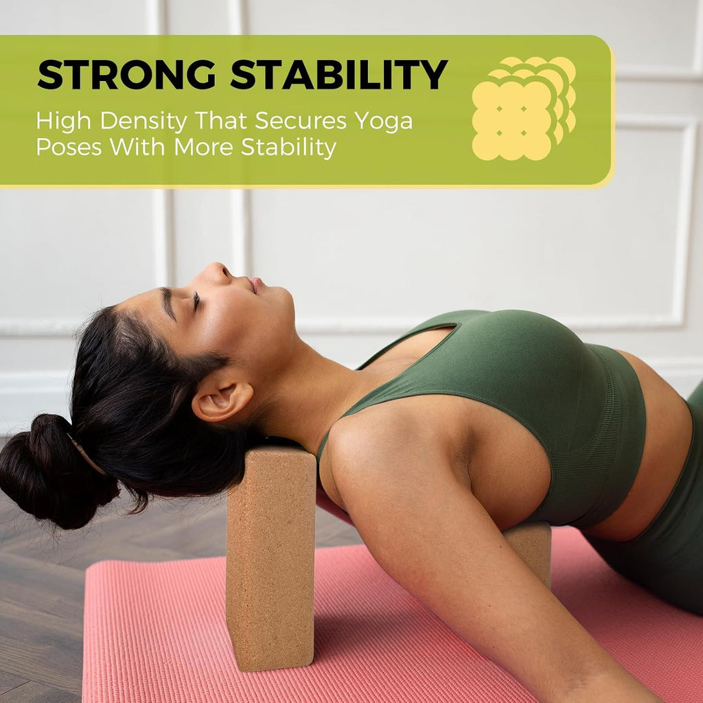 U&M Cork Yoga Blocks 2 Pack Set,Natural Cork High Density 9"x6"x4" Yoga Blocks Odor-Resistant Non-Slip for Yoga, General Fitness, Pilates, Stretching and Toning