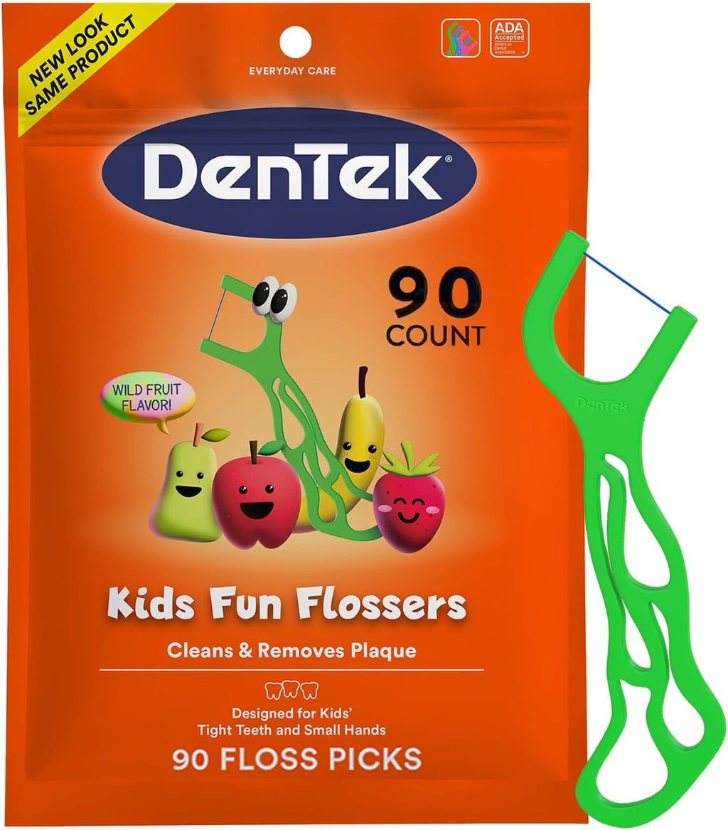Dentek Floss Picks, Kids Flossers, Wild Fruit Flavor, 90 Count | Remove Food & Plaque, Designed for Kids', For Tight Teeth & Small Hands, Fun Flossers, Kid-Friendly Dental Floss