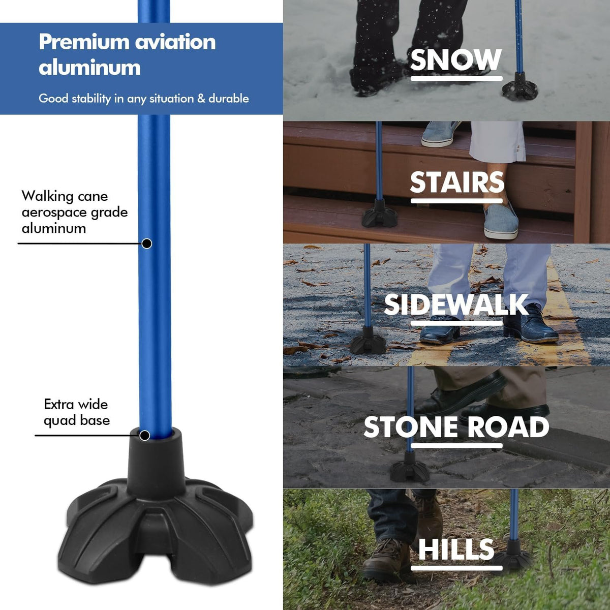 GPTCAMP Walking Cane Quad Base Self Standing 300lbs for Seniors