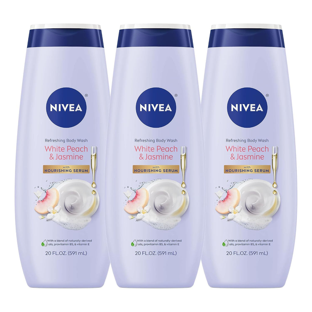 NIVEA Refreshing White Peach and Jasmine Body Wash, Multipack, 3 x 20 FL OZ | Scented Body Wash for Women with Nourishing Serum, Enriched with Provitamin B5 and Vitamin E, Paraben Free