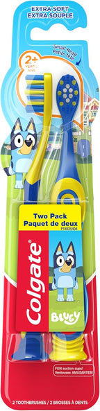 Colgate Kids Bluey Toothbrush, Extra Soft, 2 Pack | For Children Ages 2 and Up, Kids Toothbrush Pack, Built In Suction Cup for Easy Upright Storage, Extra Soft Bristles
