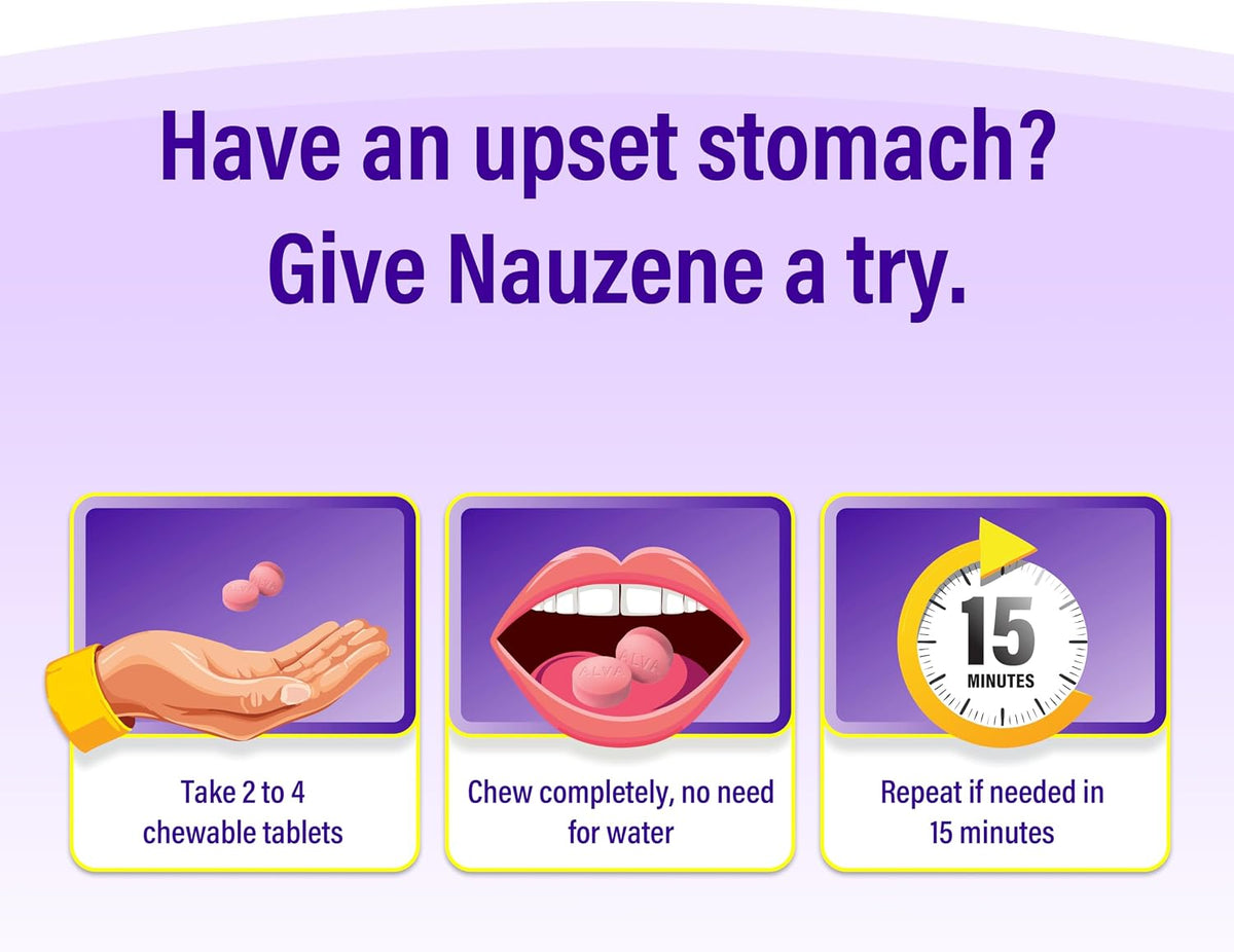 Nauzene Non-drowsy Upset Stomach & Nausea Relief Chewable Tablets - Fast-Acting Relief in 4 Minutes - Doctor Recommended - Wild Cherry Flavor, 42 ct