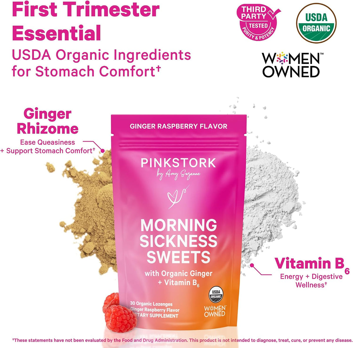 Pink Stork Morning Sickness Sweets Organic Raspberry Ginger, 30 Count | USDA Organic Ginger + Vitamin B6, Motion Sickness Support, Digestive Comfort + Heartburn Support, 30 Wrapped Drops