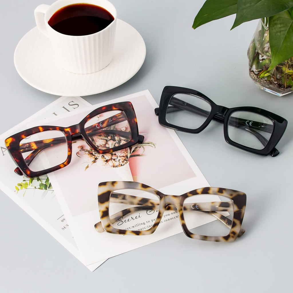 Oversized Square Reading Glasses for Women, Blue Light Blocking Large Frame Computer Readers Spring Hinge