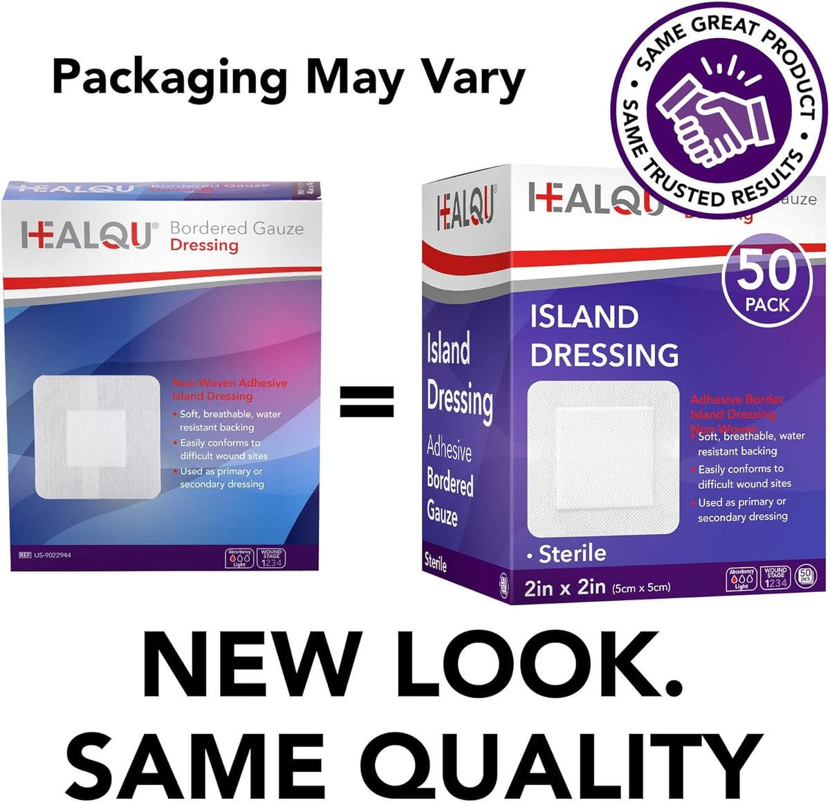 HEALQU Bordered Gauze Island Dressing - 50 Count, 2" x 2" Sterile Individually Wrapped Gauze Pads with Water-Resistant, Non-Woven Backing - Soft and Breathable Wound Dressing for First Aid and Medical