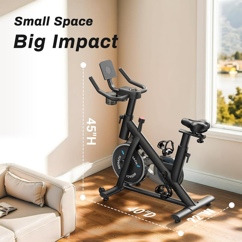 MERACH Exercise Bike, Magnetic Friction Stationary Bike with Brake Pad | Low Noise Indoor Cycling Bike with Exclusive App, 300lbs Weight Capacity, Tablet Mount and Fitness Courses for Weight Loss