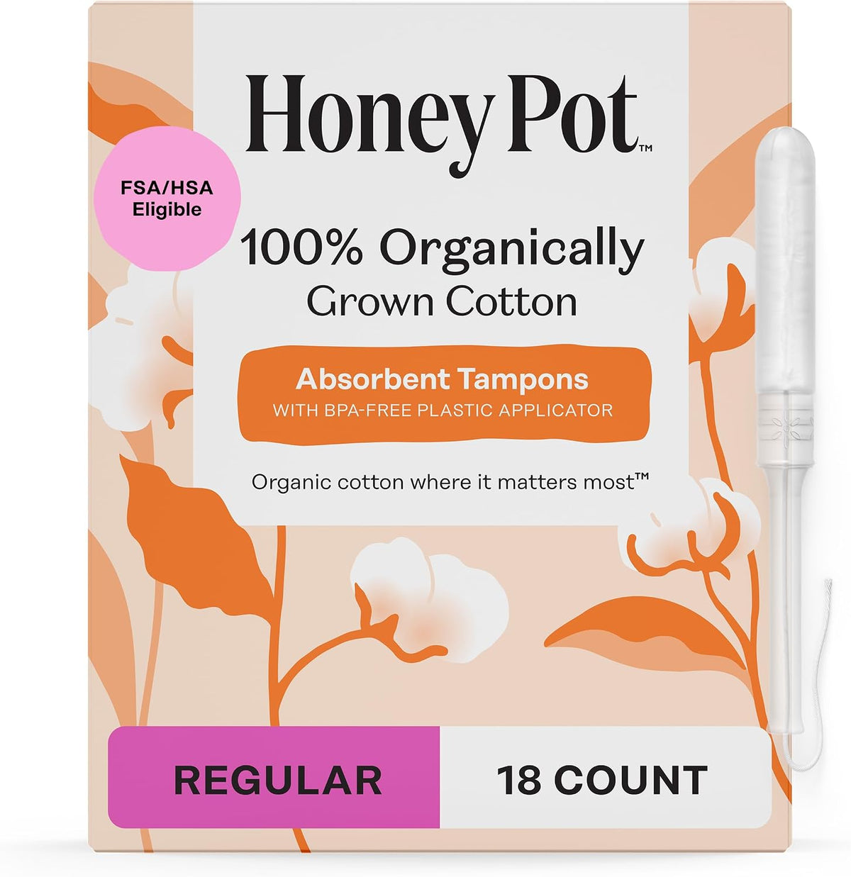 The Honey Pot Company - 100% Organic Cotton Tampons - Regular Absorbency | Multipack - Tampons w/BPA Free Plastic Applicator - Unscented - Without Fragrances or Chlorine - Feminine Care - 54ct