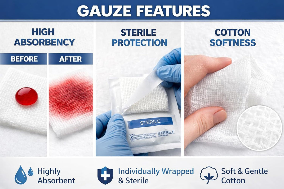 Encare Sterile Premium Gauze Pads 5 cm x 5 cm, 12 Ply | Highly Absorbent, 10 Packs (5 Pads Per Pack | Soft & Breathable for effective First Aid & Wound Management