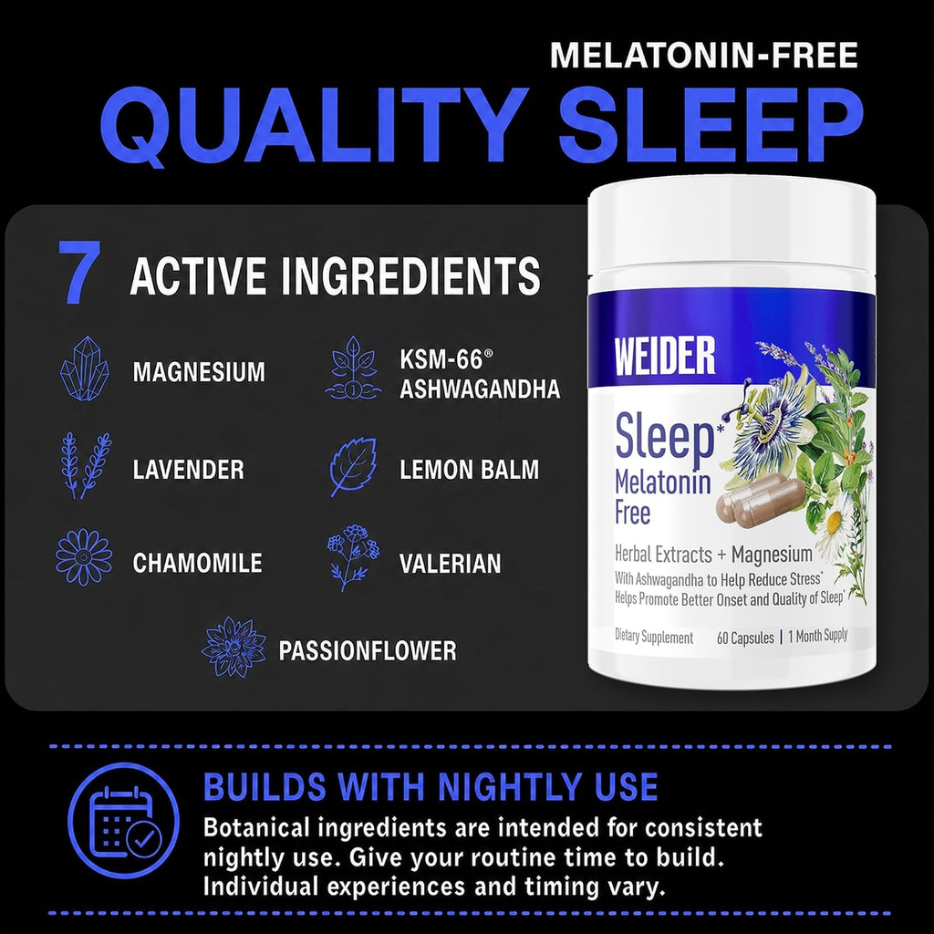 Weider Sleep Melatonin Free, Herbal Sleep Supplement, 60 Capsules