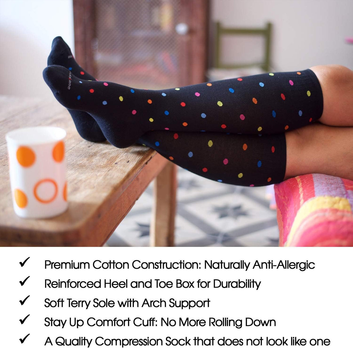 Cotton Compression Socks, 15–20 mmHg Graduated Support, Knee-High Medical Compression (Black Stripes M/L)