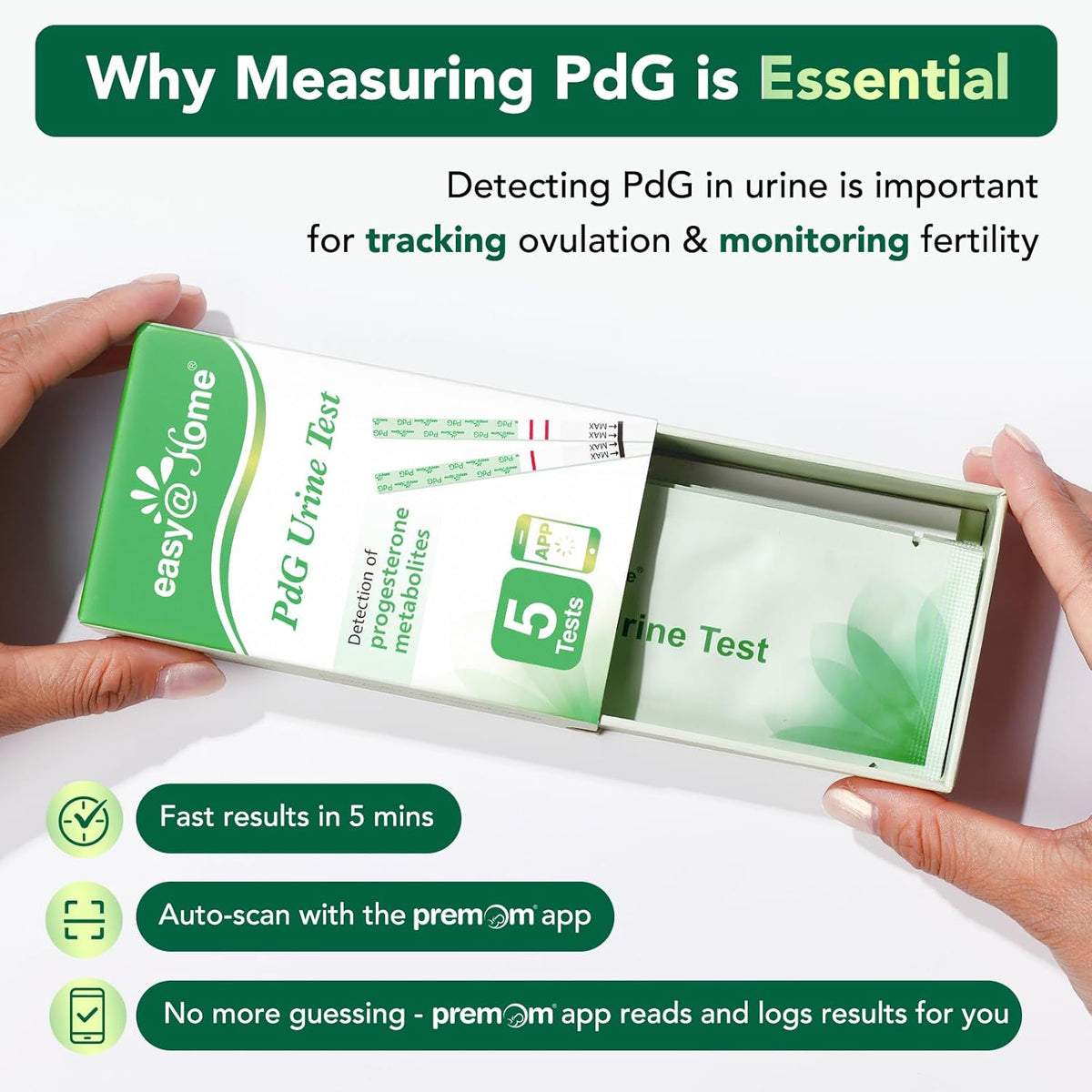 Easy@Home PdG Test Strips: 5 Pack - Track Ovulation Insights with Progesterone Urine Tests – at Home Fertility Test for Women with Premom Ovulation App - PdG (Pregnanediol Glucuronide) Tests