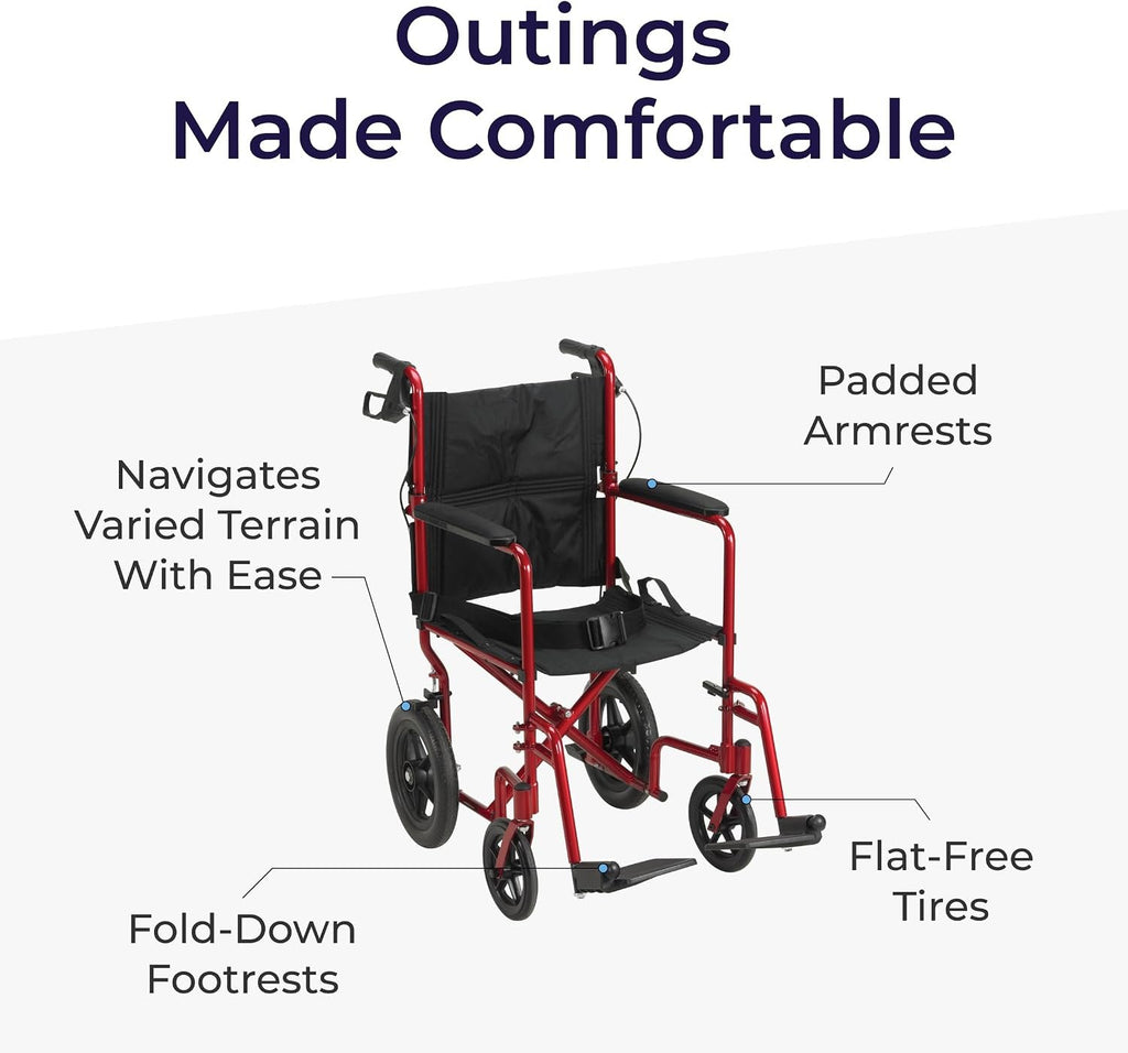 Lightweight Expedition Transport Wheelchair with Hand Brakes, Red | Transport Wheelchair Featuring Lightweight Expedition Frame with Hand Brakes for Safety Daily for Everyday Use