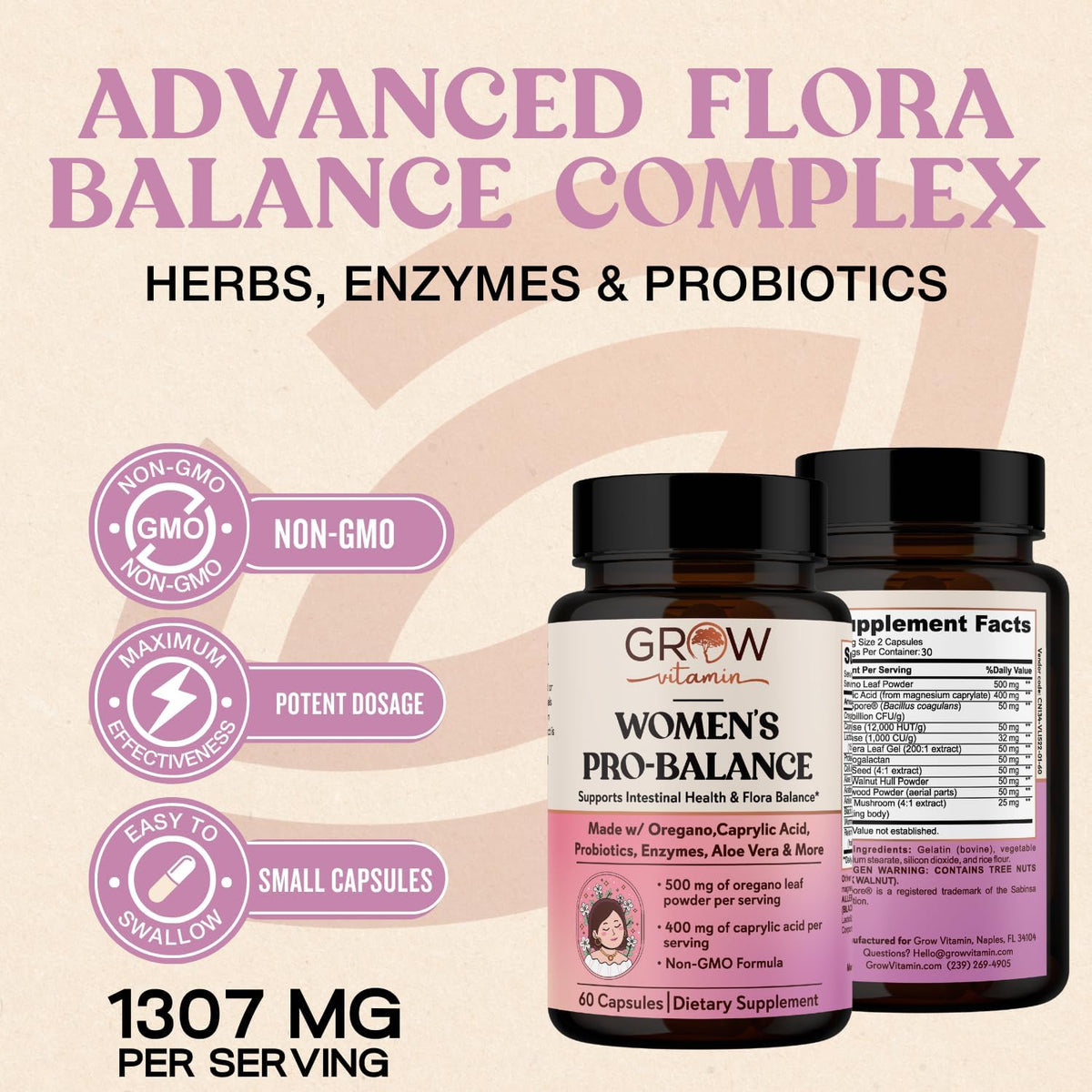 Grow Vitamin Feminine Balance by | Candida Support | Oregano & Caprylic Acid Blend | Vaginal Detox & Cleanse Probiotics | Supports Healthy Intestinal Flora & Immune Function