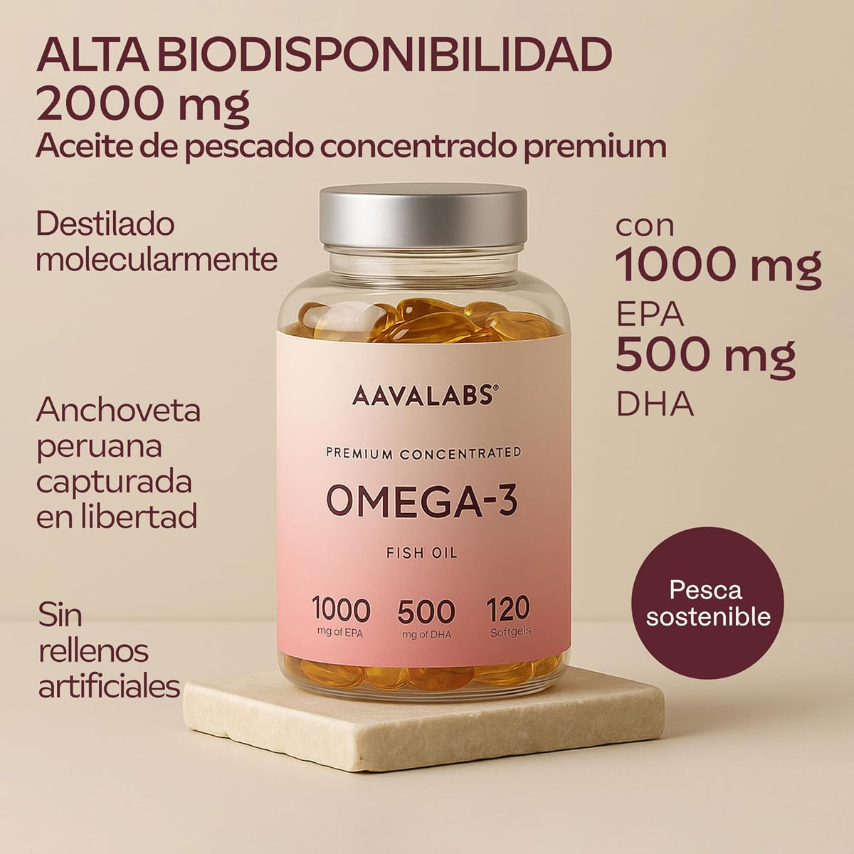 Aavalabs Omega 3 2000mg per daily dose (2 capsules) - 1000mg EPA + 500mg DHA per daily dose - High Potency Fatty Acids - Molecularly Distilled - 120 Capsules - 60 Day Supply