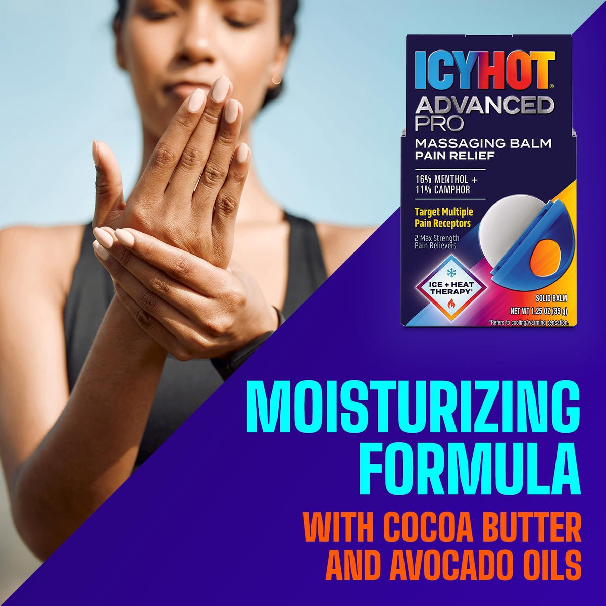 Icy Hot Advanced PRO Pain Relief Massaging Balm, Fast-Acting Max Strength Pain Relief With Menthol 16% and Camphor 11% for Backaches, Joints, Muscle Strains and Arthritis, Essential Oil Scent, 1.25 oz