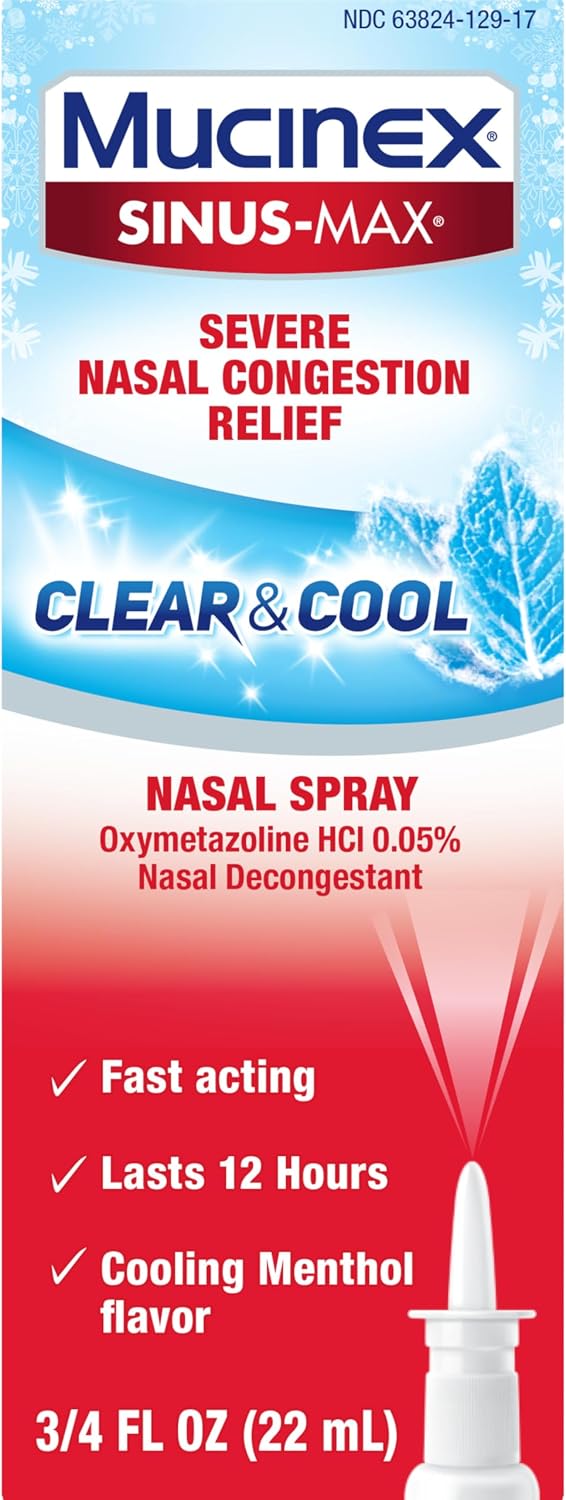 Mucinex Sinus-Max Nasal Spray Decongestant, 12 Hour Over-The-Counter Medication Nose Spray for Sinus Relief, Nasal Decongestants for Adults & Sinus Congestion, Clear & Cool 3/4 Fl Oz(22ML)