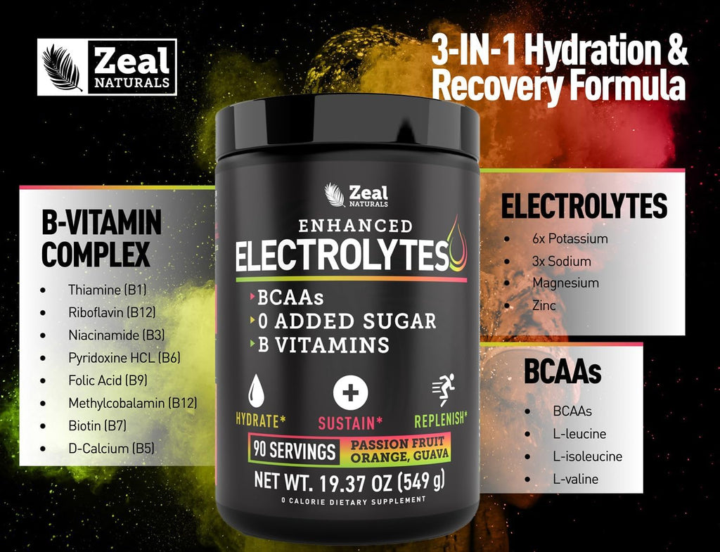 Zeal Naturals Electrolyte Powder - 90 Servings | Keto Electrolytes Powder | Zero Sugar, BCAAs, B-Vitamins | Potassium, Zinc, Magnesium | Hydration Powder Recovery Drink | Passion Fruit Orange Guava