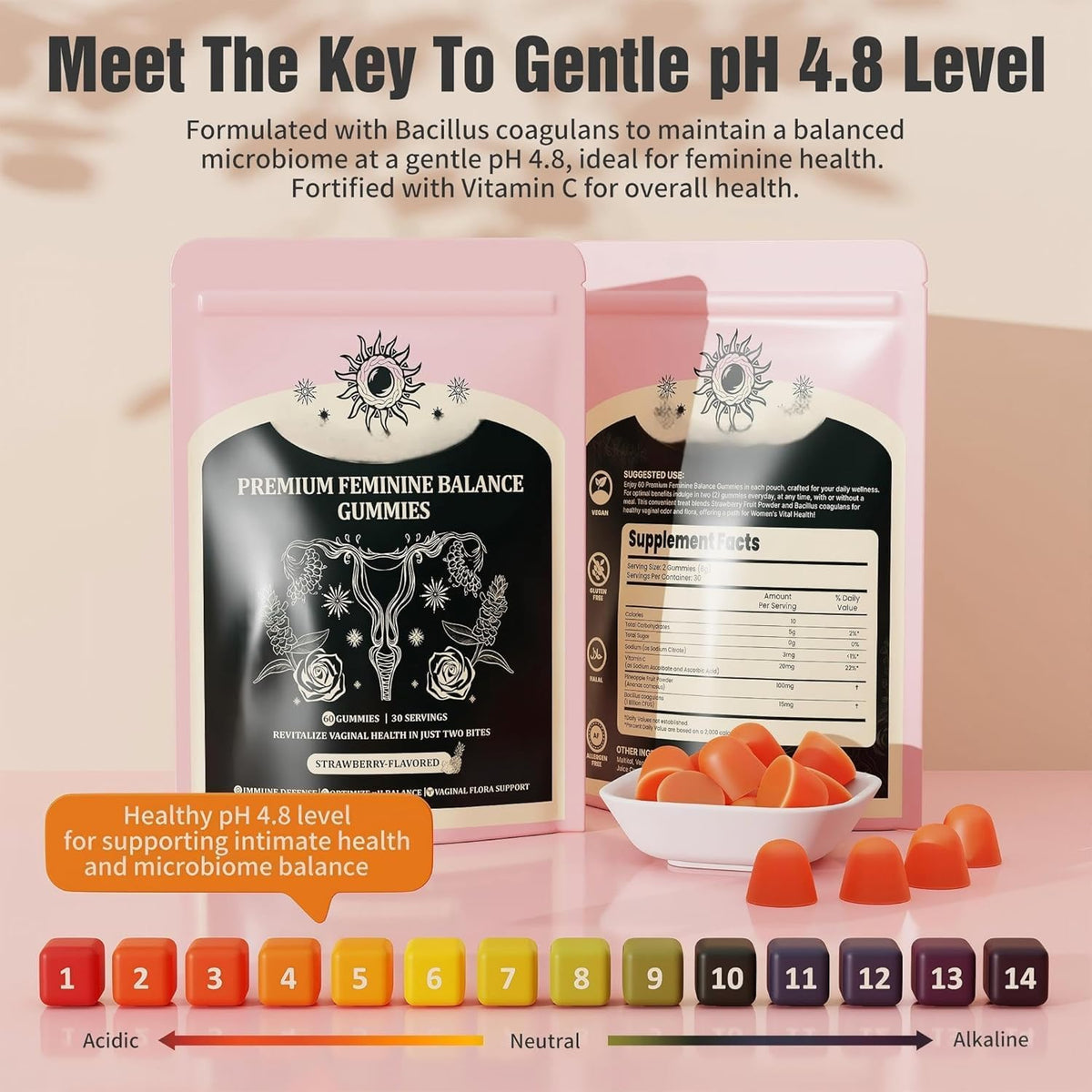 Feminine Balance Gummies, Premium Balance Supplement for Women PH Health, Immune Support, Energy Support, Vegan, Gluten-Free, Strawberry Flavor, Delicious 60 Gummies, 1 Pack 30 Servings