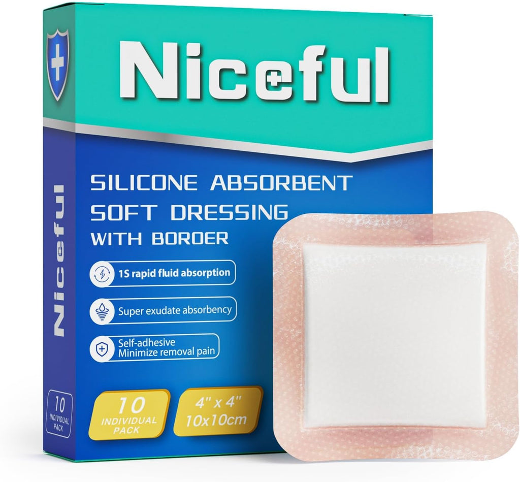 Niceful Silicone Super Absorbent Wound Dressing-4"× 4" Self-Adhesive Bandages for Wound Care, FSA HSA Eligible, Ultra Soft Wound Pads for Bed Sores Leg Ulcers Burns, 10