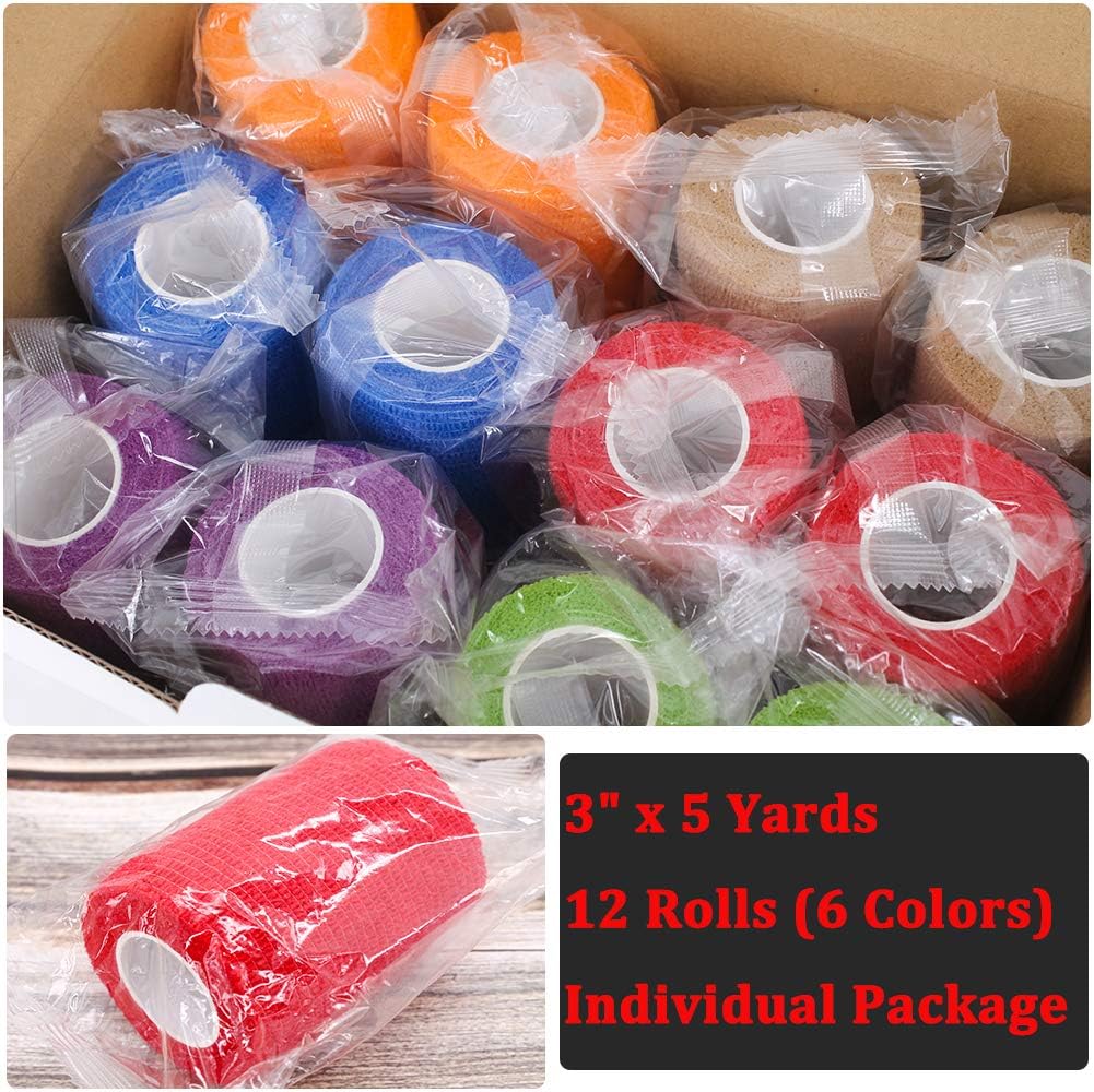 12 Rolls Elastic Self Adhesive Bandage Wrap 3 Inch, Breathable Non Woven Cohesive Bandage, Vet Wrap for Dogs, Ankle Sprains Swelling Medical First Aid Tape, Sports Athletic Tape Color