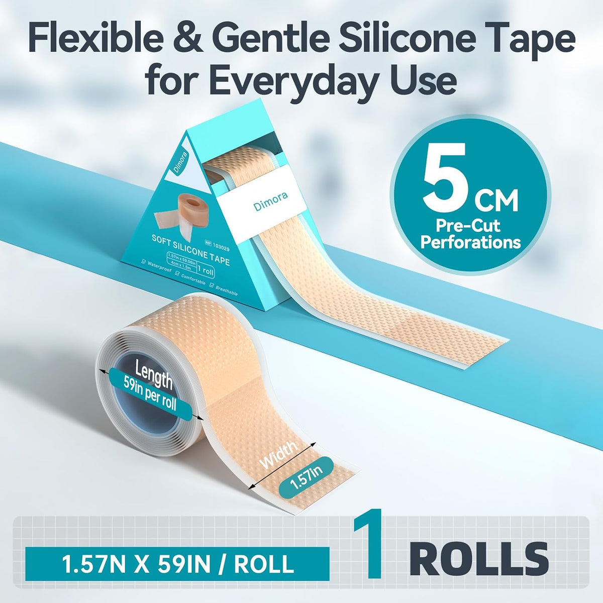 Dimora Silicone Tape 1 Roll, 1.6 x 59 Inch | Hypoallergenic, For Sensitive Skin, Pain-Free Removal, Easy Tear Precut, Waterproof